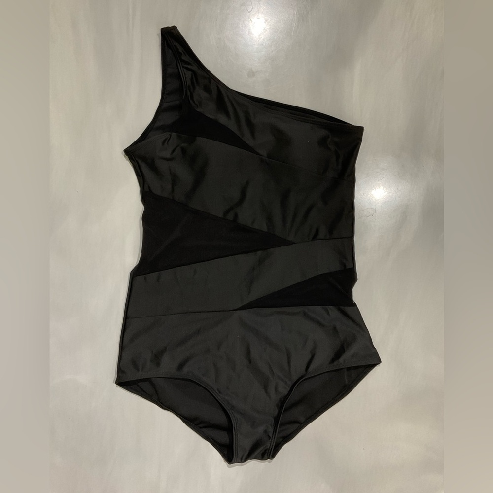Black One Piece Bathing Suit Peek-a-Boo Mesh inserts One Crossbody Strap NWOT - Picture 10 of 11